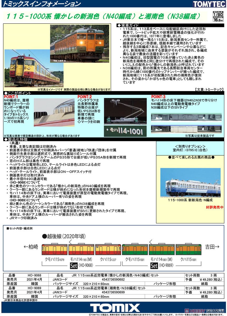 16番(HO) JR 115-1000系 近郊電車 (湘南色・N38編成) セット (3両セット) (鉄道模型) 解説1