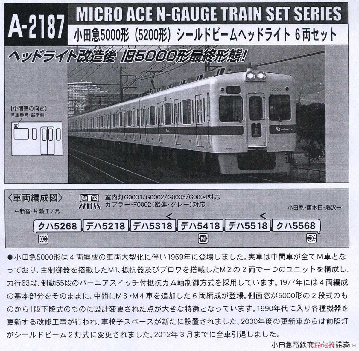 小田急 5000形 (5200形) シールドビームヘッドライト 6両セット (6両セット) (鉄道模型) 解説2