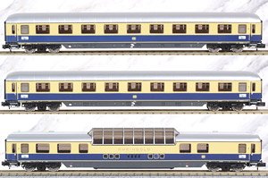 DB, 3-unit pack `Rheingold`, consists of domecar and 2 Avmh Coaches in blue livery, Period III (3-Car Set) (Model Train)