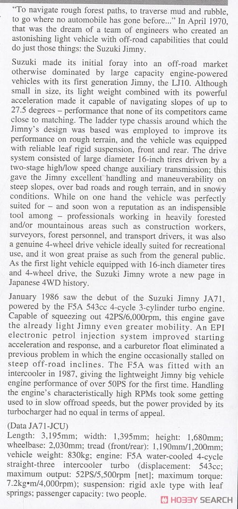 スズキ ジムニー (JA71-JCU型) w/カスタム フロントグリル (プラモデル) 英語解説1