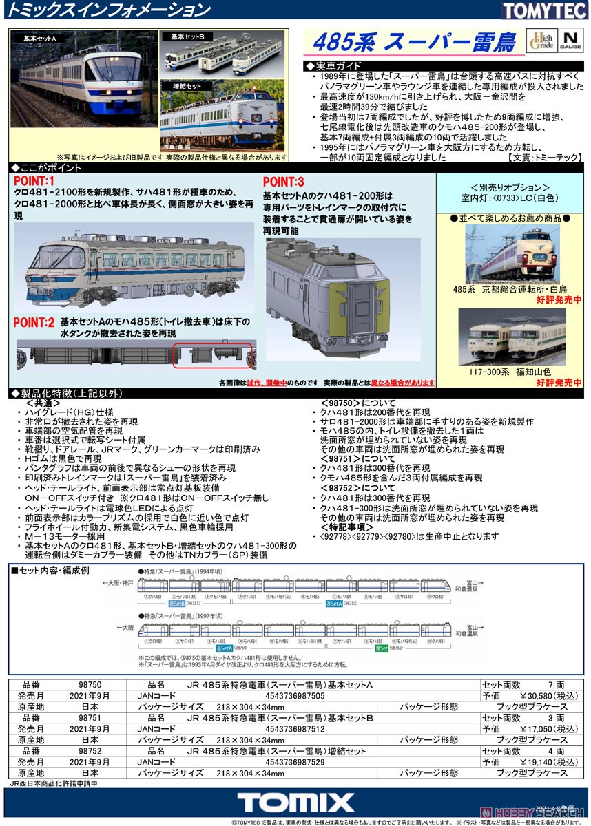 JR 485系 特急電車 (スーパー雷鳥) 基本セットA (基本・7両セット) (鉄道模型) 解説1