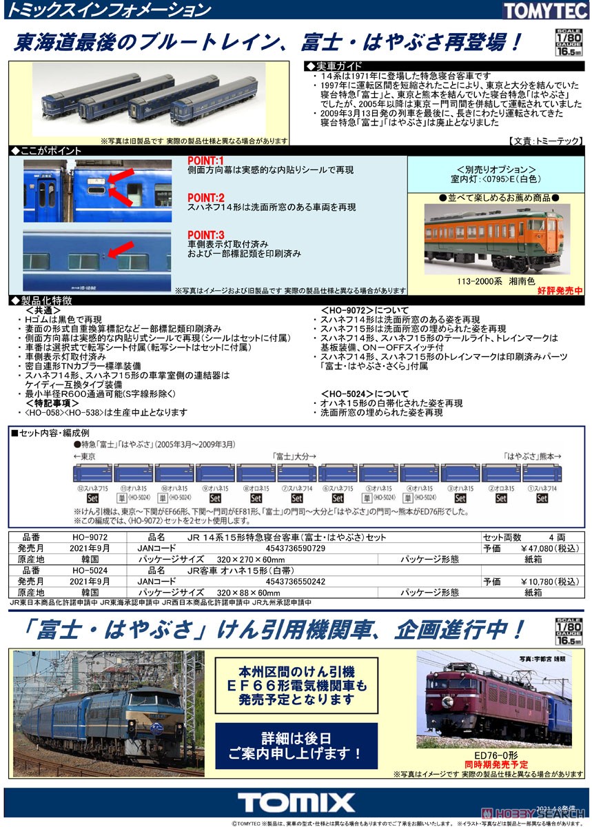 16番(HO) JR 14系15形 特急寝台客車 (富士・はやぶさ) セット (4両セット) (鉄道模型) 解説1