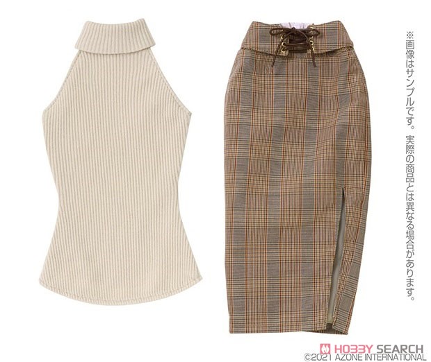 AZO2 Sleeveless Knit & Tight Skirt Set (Beige x Light Brown Check) (Fashion Doll) Item picture1