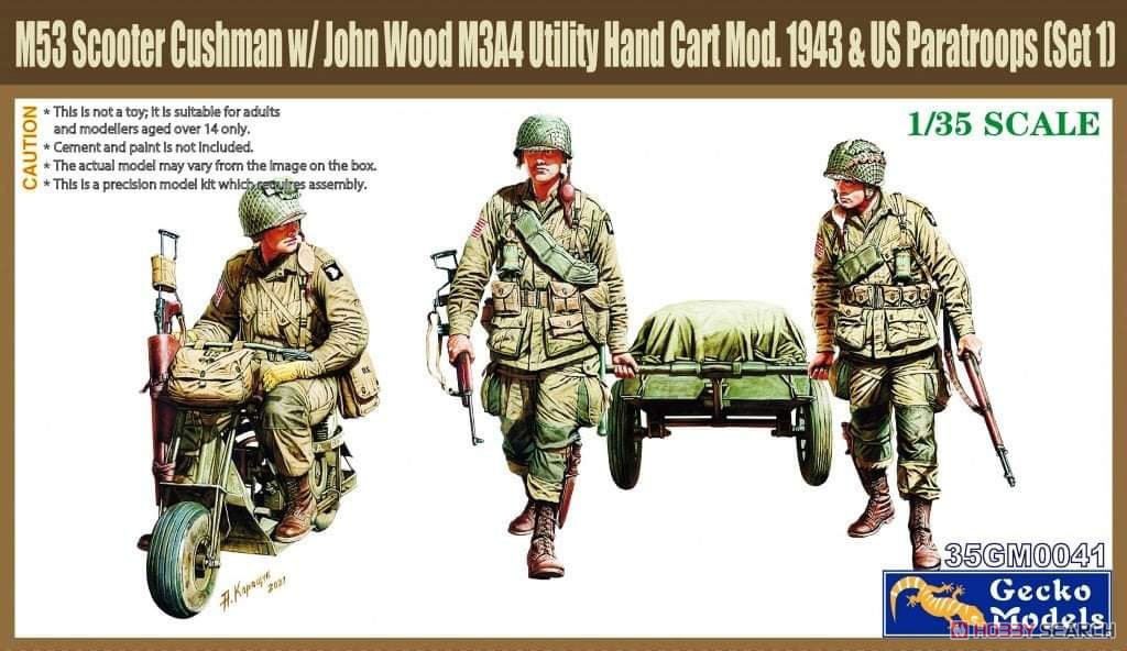 WWII 米 落下傘兵 w/クッシュマン 空挺スクーター & ジョン・ウッド M3A4 Mod.1943 ユーティリティハンドカートセット 1 (プラモデル) パッケージ1