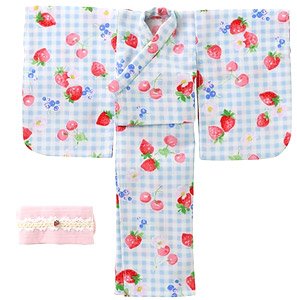PNS Yukata Set -Strawberry and Maiden- (Saxe Gingham Check) (Fashion Doll)