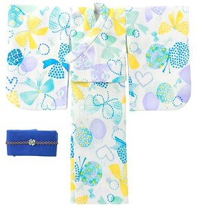 PNS Yukata Set -Flowers and Ribbons- (White x Blue) (Fashion Doll)