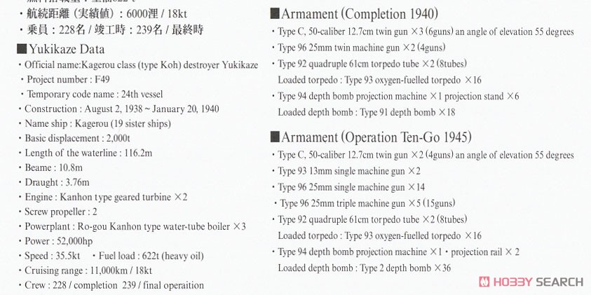 日本海軍 甲型駆逐艦 雪風 `1940 竣工時 ディテールアップバージョン` (プラモデル) 英語解説2