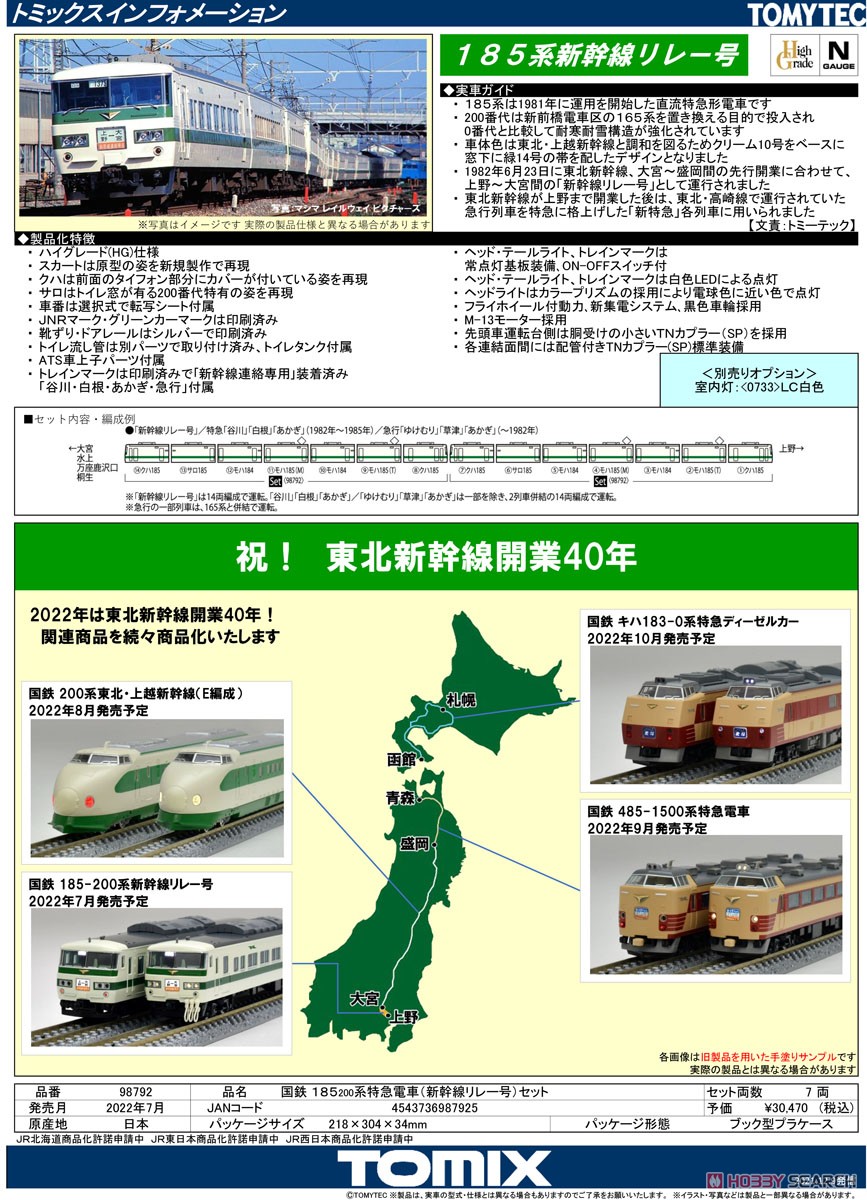 国鉄 185-200系 特急電車 (新幹線リレー号) セット (7両セット) (鉄道模型) 解説1