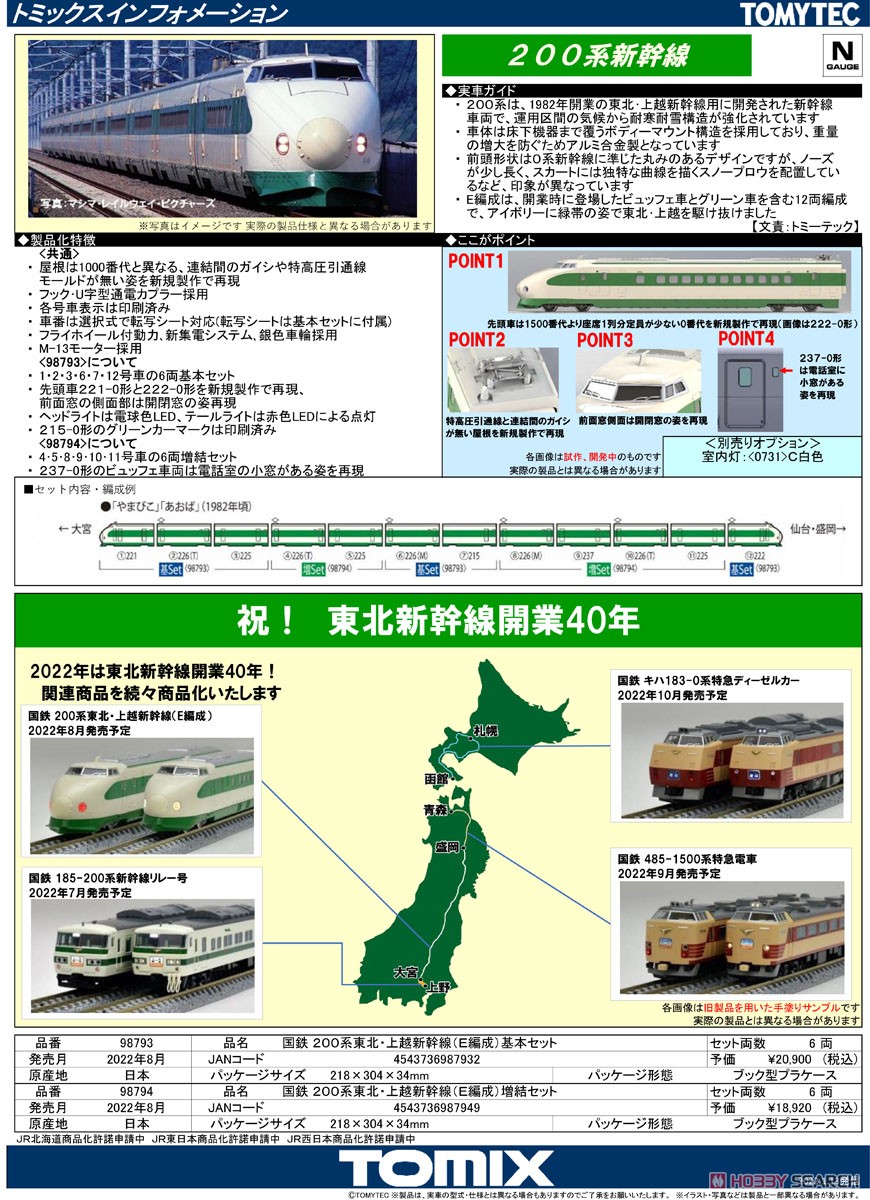国鉄 200系 東北・上越新幹線 (E編成) 基本セット (基本・6両セット) (鉄道模型) 解説1
