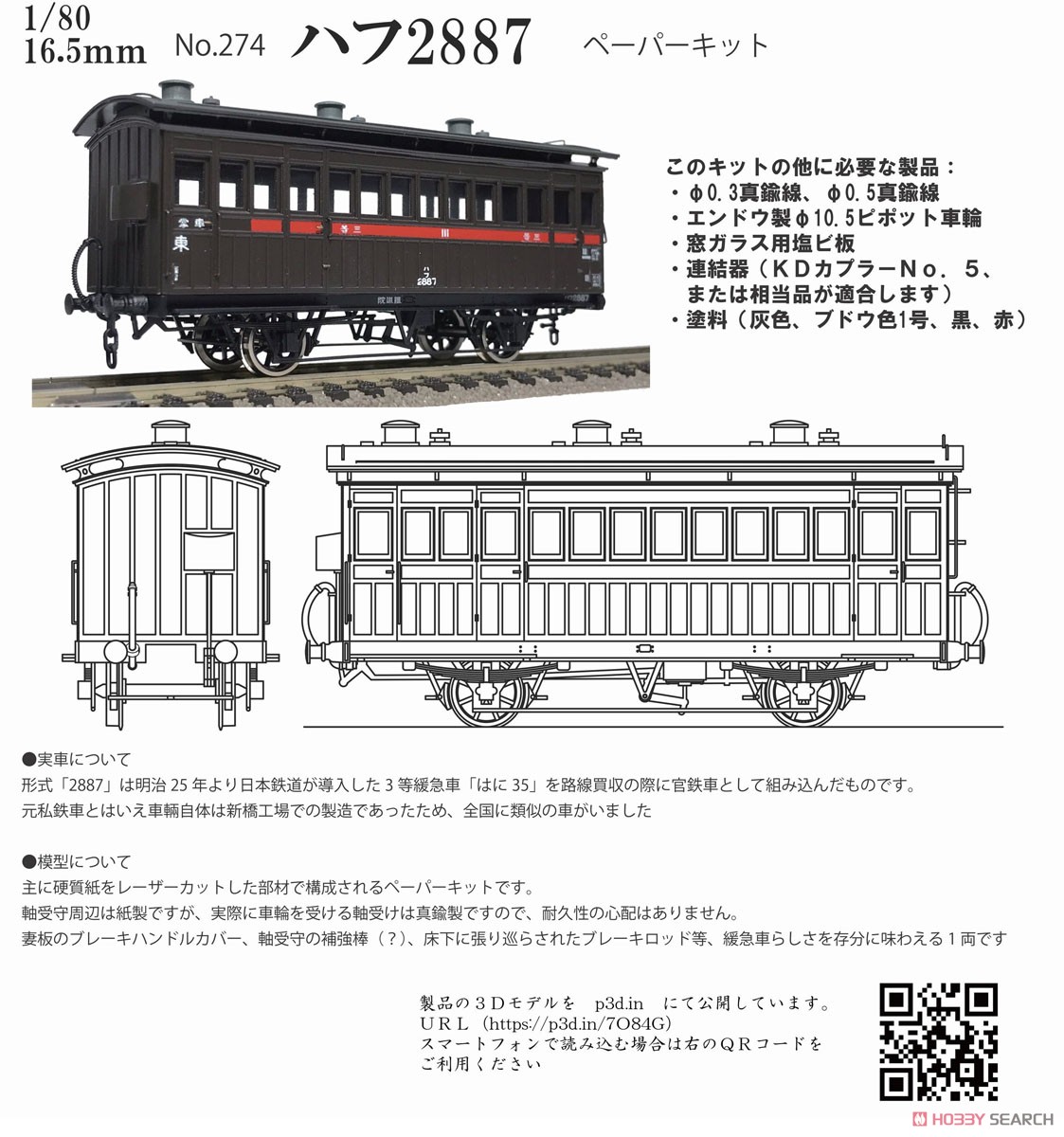 16番(HO) 鉄道院 ハフ2887 ペーパーキット (組み立てキット) (鉄道模型) その他の画像1