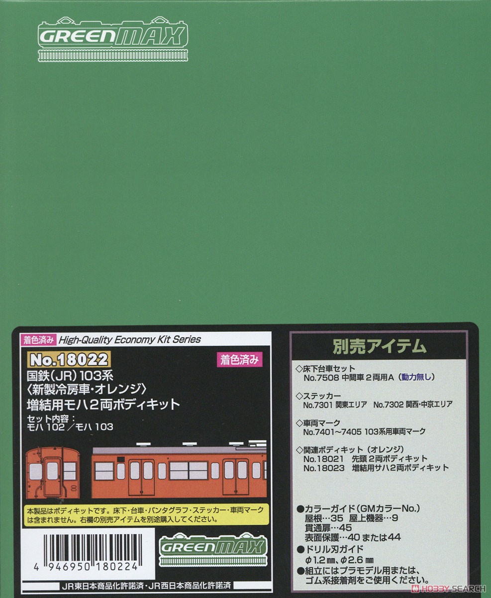 [着色済み] 国鉄(JR) 103系 ＜新製冷房車・オレンジ＞ 増結用モハ2両ボディキット (増結・2両・組み立てキット) (鉄道模型) パッケージ1