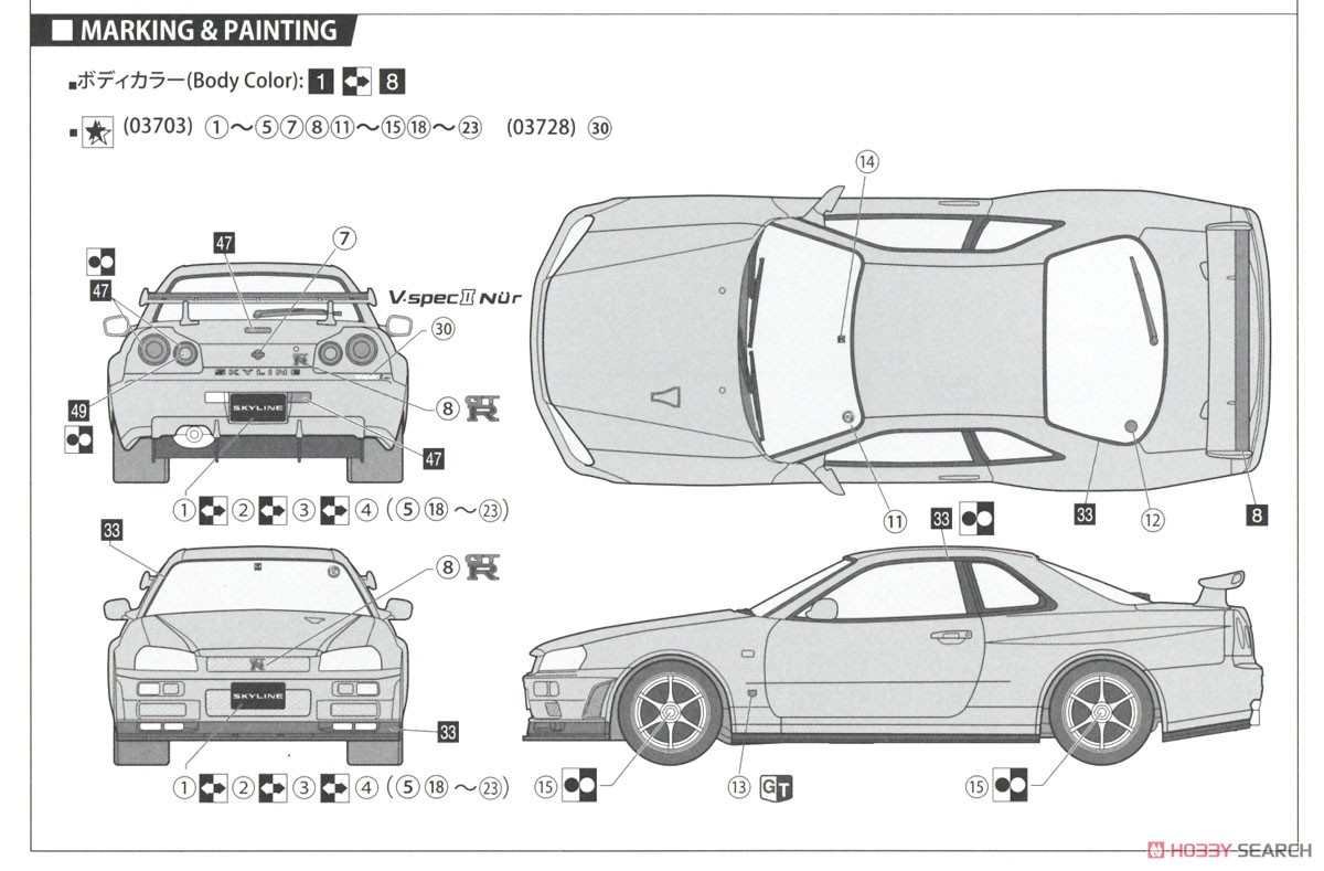スカイライン GT-R V-specII Nur (NISMOフロントエアロバンパー付き) BNR34型 (プラモデル) 塗装2
