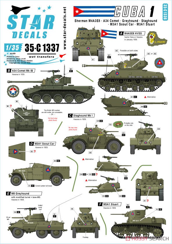 現用 キューバ軍の戦車とAFV＃1 M4A3E8シャーマン A34コメット スタッグハウンド グレイハウンド M3A1スカウトカー M3A1スチュアート (デカール) その他の画像1