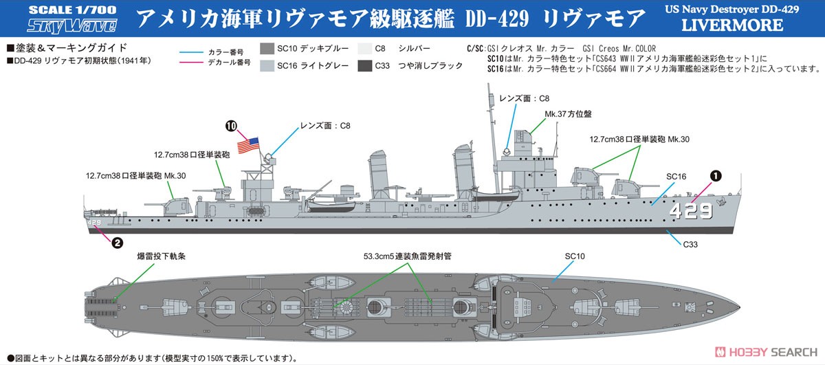 アメリカ海軍駆逐艦 DD-429 リヴァモア エッチングパーツ付き (プラモデル) 塗装1