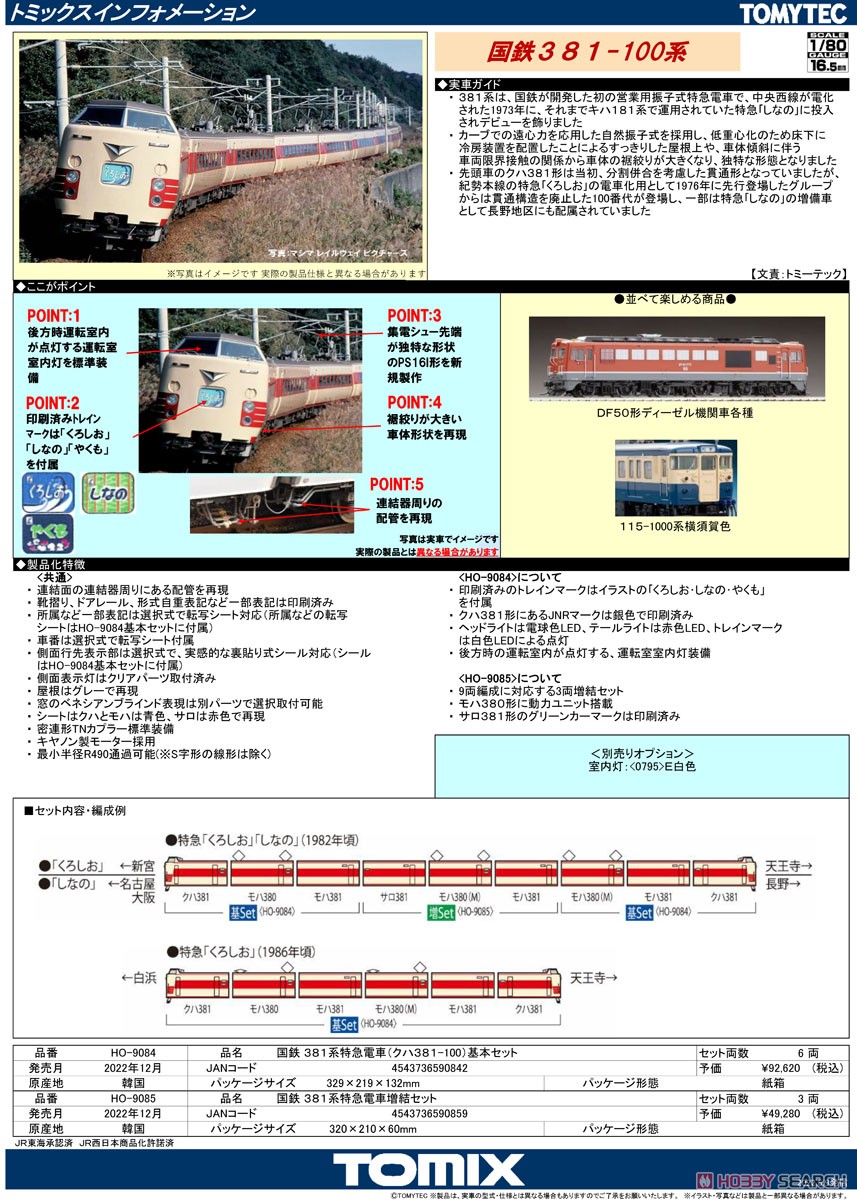 1/80(HO) J.N.R. Limited Express Train Series 381 Additional Set (Add-On 3-Car Set) (Model Train) About item1