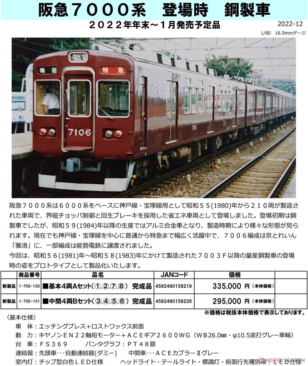 16番(HO) 阪急 7000系 登場時 鋼製車 基本4両Aセット (1.2.7.8) 完成品 (基本・4両セット) (塗装済み完成品) (鉄道模型) その他の画像2
