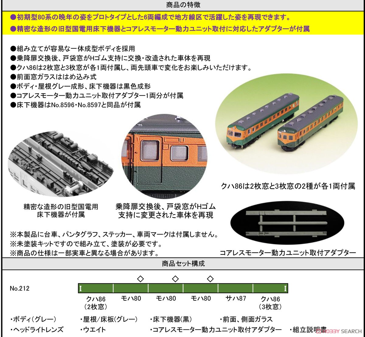 旧型国電 80系1次車 (初期型湘南) 6両編成セット (6両・組み立てキット) (鉄道模型) その他の画像2