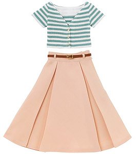 AZO2 V-neck Knit & Flared Skirt set (Green Border x Pink) (Fashion Doll)