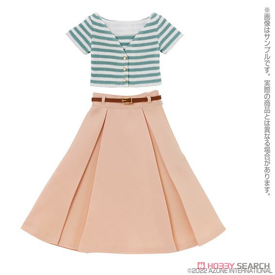 AZO2 V-neck Knit & Flared Skirt set (Green Border x Pink) (Fashion Doll) Item picture1