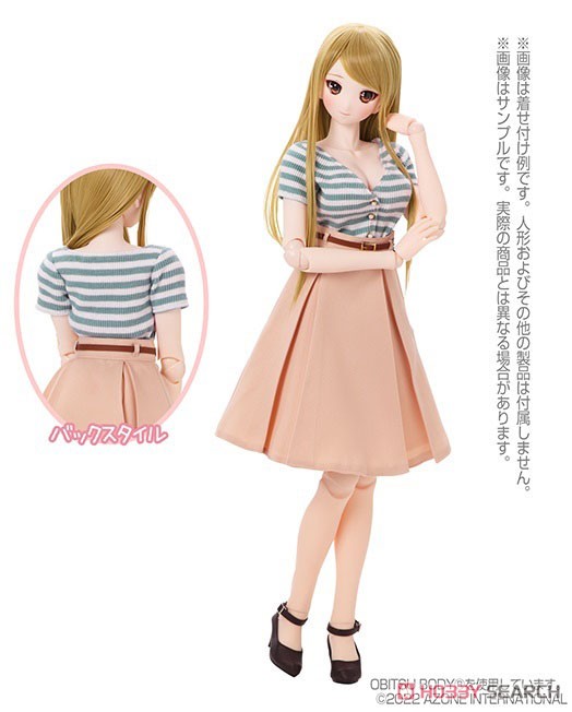 AZO2 V-neck Knit & Flared Skirt set (Green Border x Pink) (Fashion Doll) Other picture1