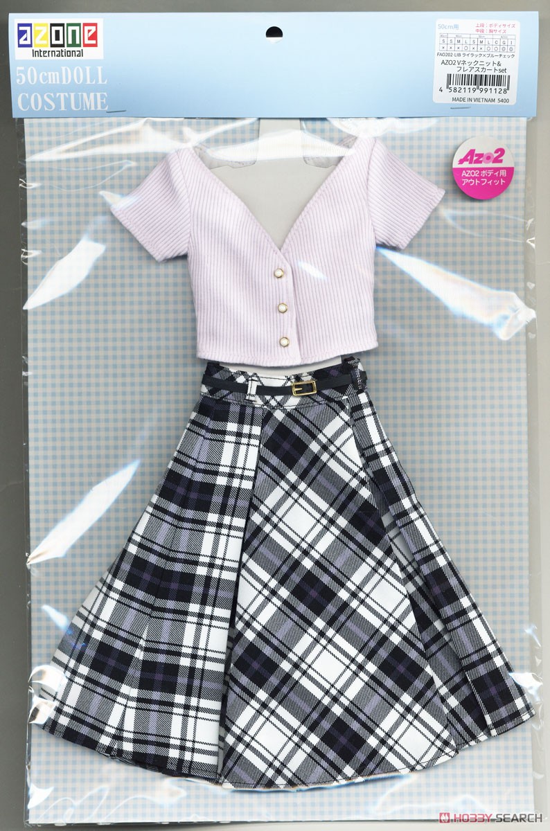 AZO2 V-neck Knit & Flared Skirt set (Lilac x Blue Check) (Fashion Doll) Item picture2
