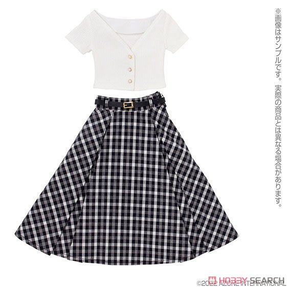 AZO2 V-neck Knit & Flared Skirt set (White x Black Check) (Fashion Doll) Item picture1