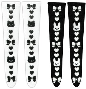 PNS Print Knee High Socks Set -Cat & Rabbit- (White / Black) (Fashion Doll)