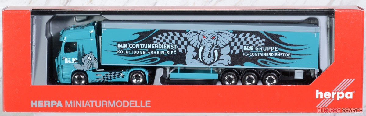 (HO) メルセデスベンツ アクトロス ビッグスペース 可動式床セミトレーラー `KS Containerdienst` (MB Actros) (鉄道模型) パッケージ1