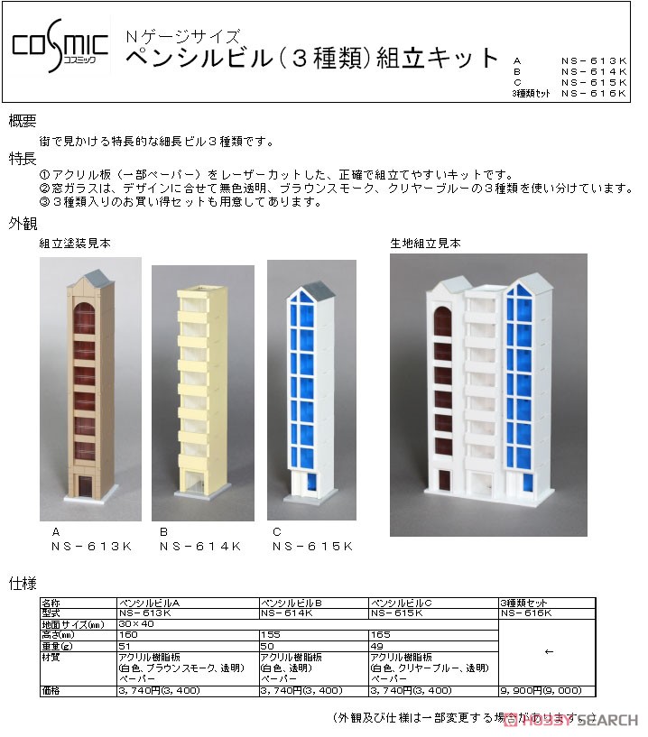 Nゲージサイズ ペンシルビル 組立キット (3種類セット) (組み立てキット) (鉄道模型) その他の画像1