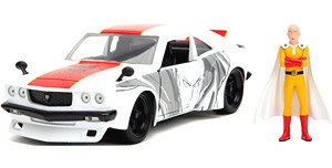 1974 Mazda RX-3 White/Graphics w/Saitama One Punch Man (Diecast Car)