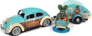1966 VW Beetle w/Tear Drop Trailer & Rat Fink Figurine (Diecast Car)