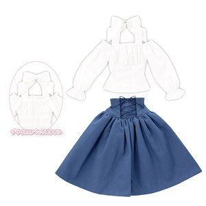 AZO2 Off Shoulder Blouse & Corset Skirt Set (White x Navy) (Fashion Doll)