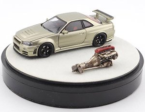 Nismo R34 GT-R Z-tune Jade Green with Engine (Full Opening and Closing) Rotating Display (Diecast Car)