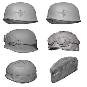 WWII German Paratrooper Helmets and Side Cap (Set of 6) (3D Printed Model Kit) (Plastic model)