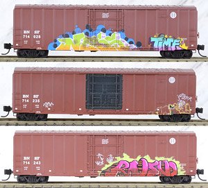 993 05 048 (N) 50ft Box Car Burlington Northern Santa Fe Weathered 3-Pack (714028, 714235, 714243) (3-Car Set) (Model Train)