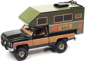 1980 Chevy K10 Silverado w/Camper Black Green Wood (Diecast Car)
