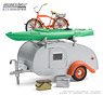 Hitch & Tow Trailers Series 6 - Teardrop Trailer in Silver with Orange Trim, Roof Rack, Bicycle, Kayak, Cooler and Picnic Basket (Diecast Car)