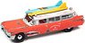 1959 Cadillac Eldorado Ambulance in Faded Rusty Red and White with Shark Graphics and Surf Boards (Diecast Car)